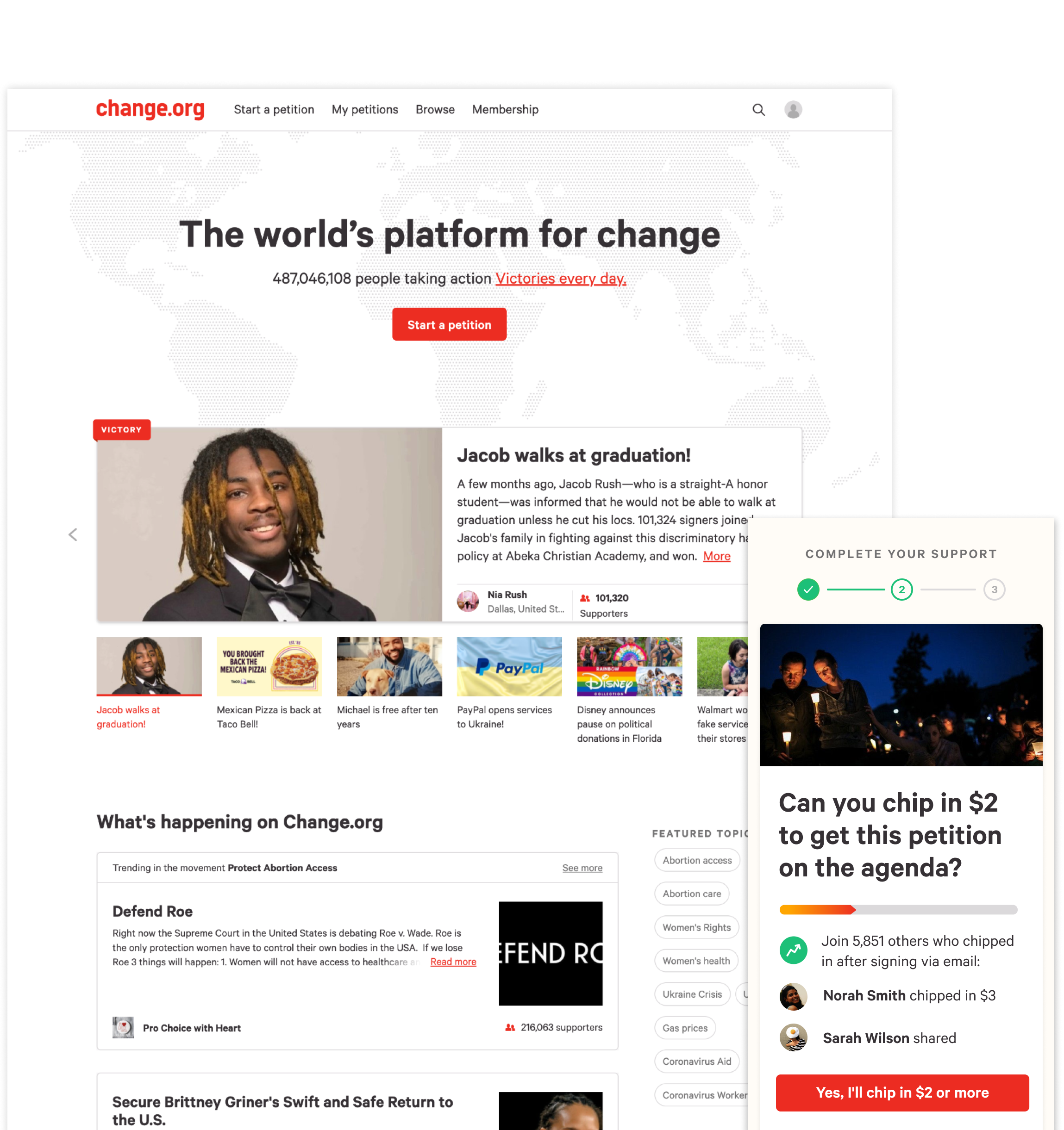 Change.org platform interface showing petition campaigns, victory stories, and social impact metrics with featured petition about Jacob's graduation story