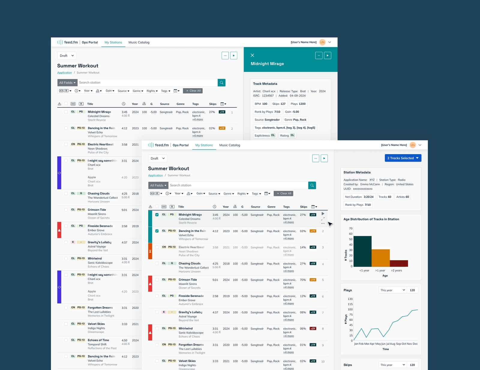 feed.fm music platform interface showing comprehensive Summer Workout playlist management with detailed track metadata, analytics, and age distribution charts