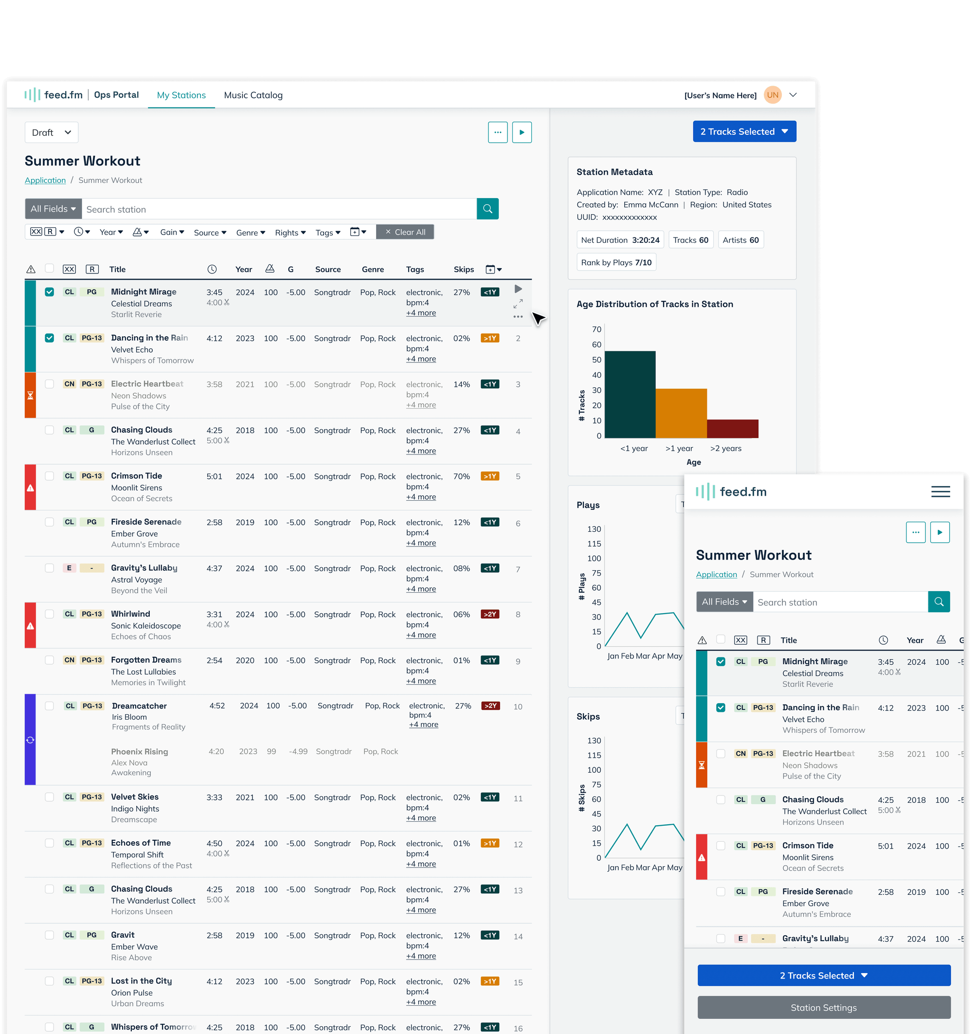 Feed.fm Ops Portal interface showing Summer Workout playlist management with comprehensive track listing and analytics