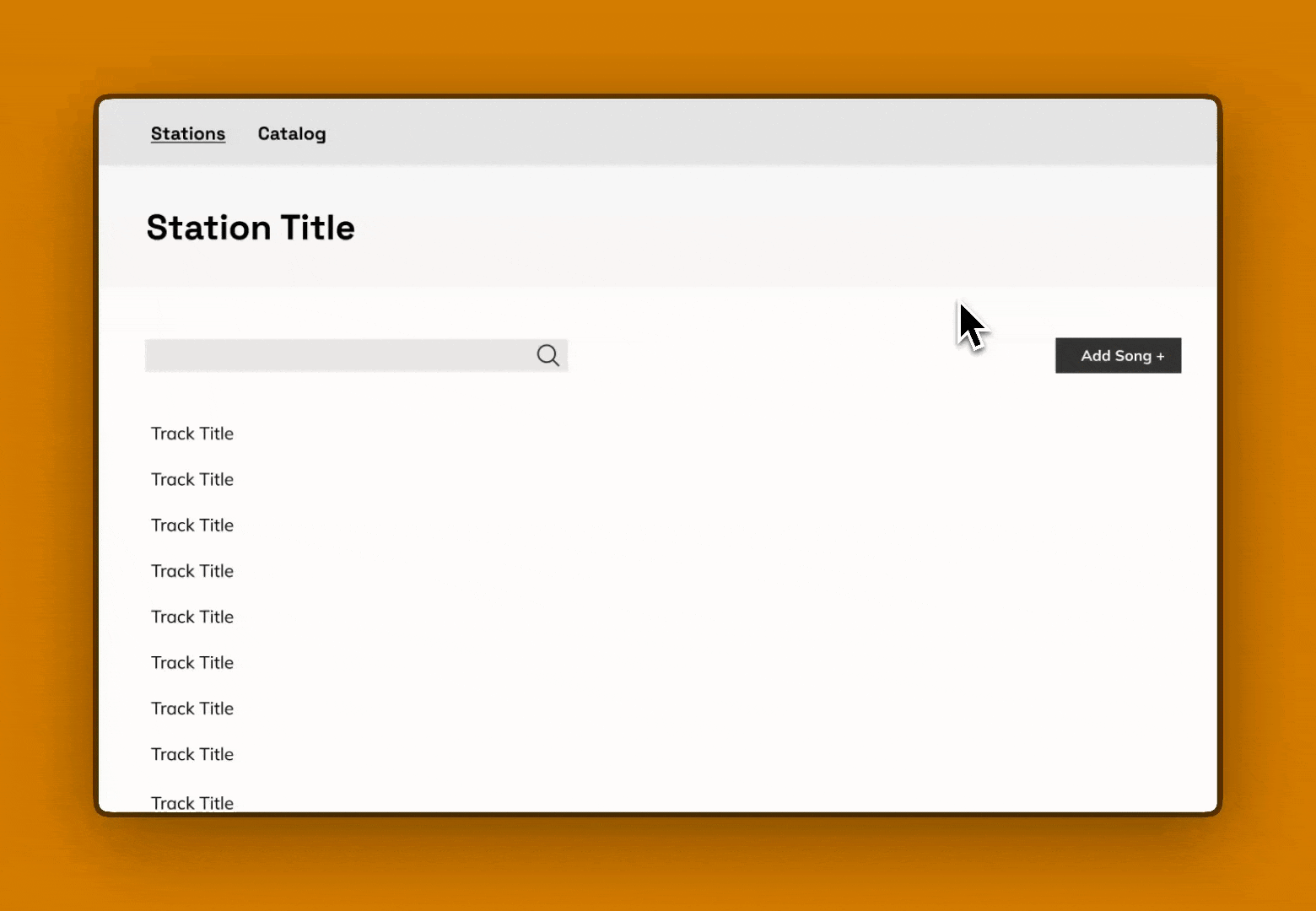Simple station management interface showing basic track listing with search functionality and add song button