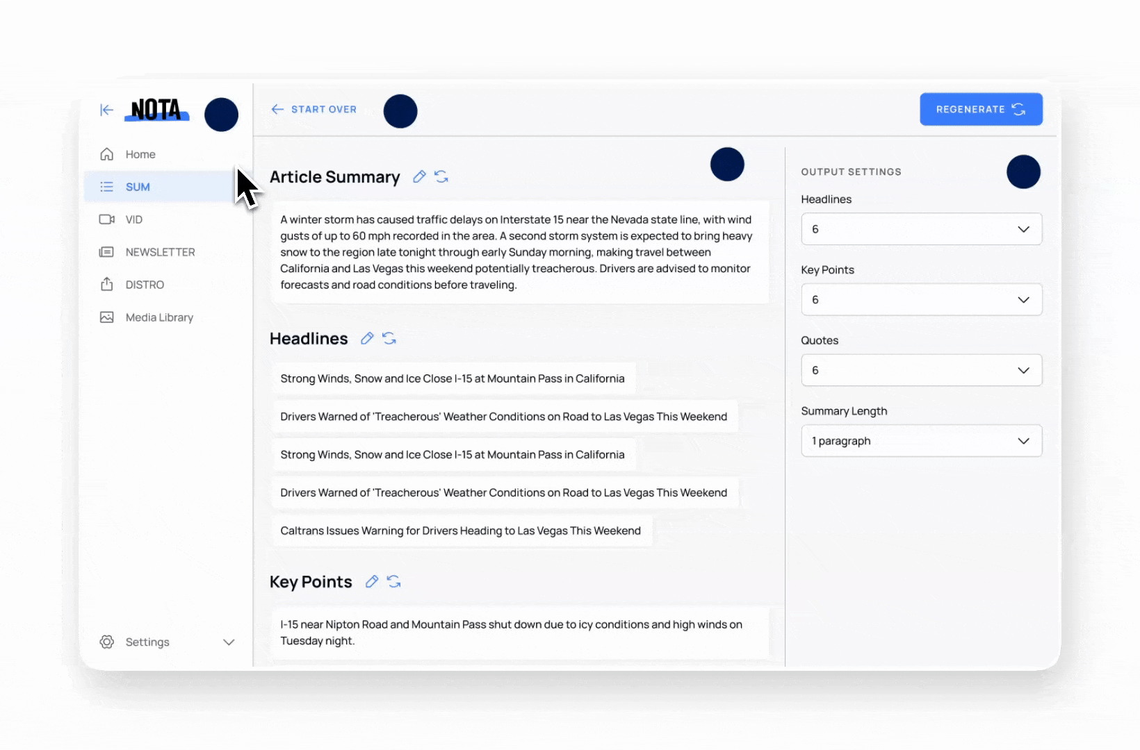 Live example of Nota's consistent layout showing the four main sections in action: left navigation, top action bar, central content area, and right output settings panel
