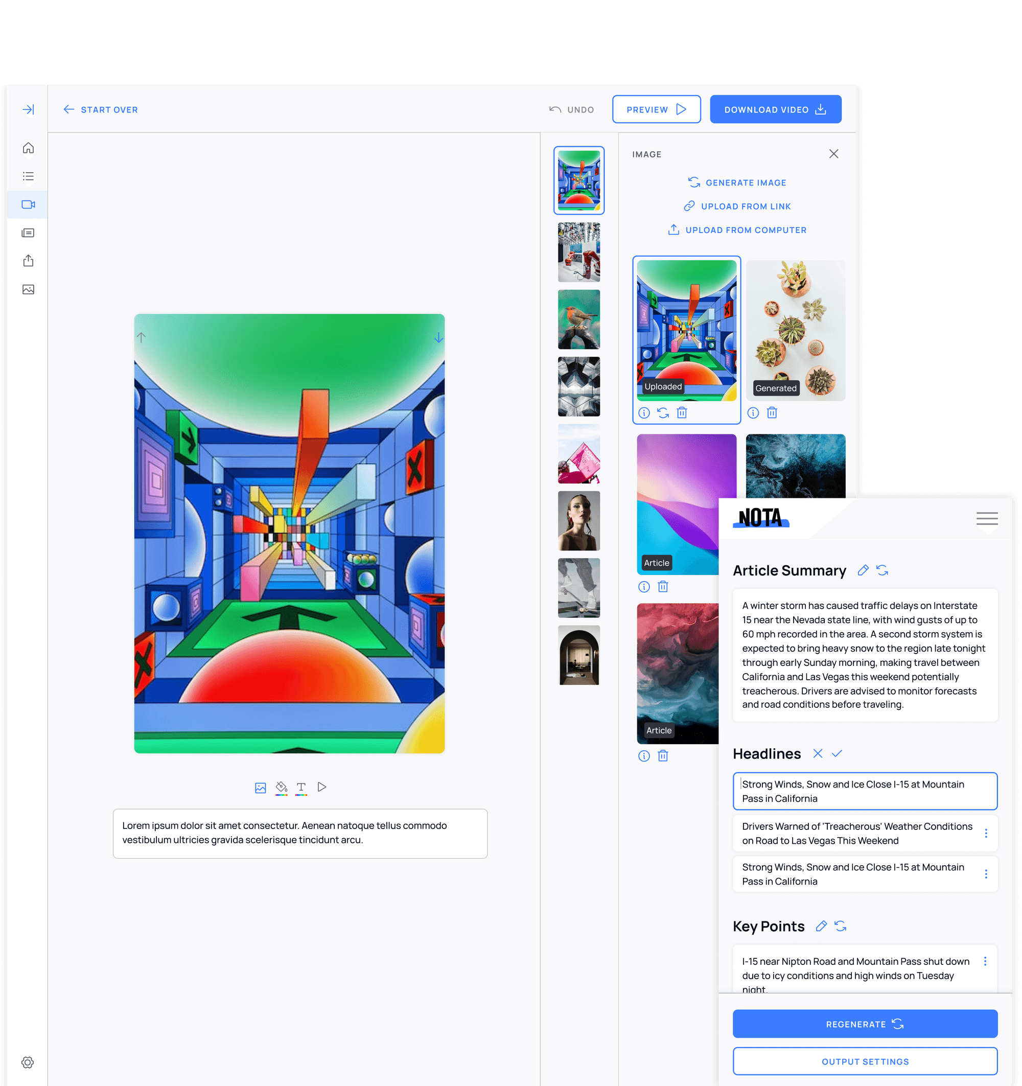 Nota AI content creation platform interface showing 3D corridor editing environment with article summary, headlines, and key points panels
