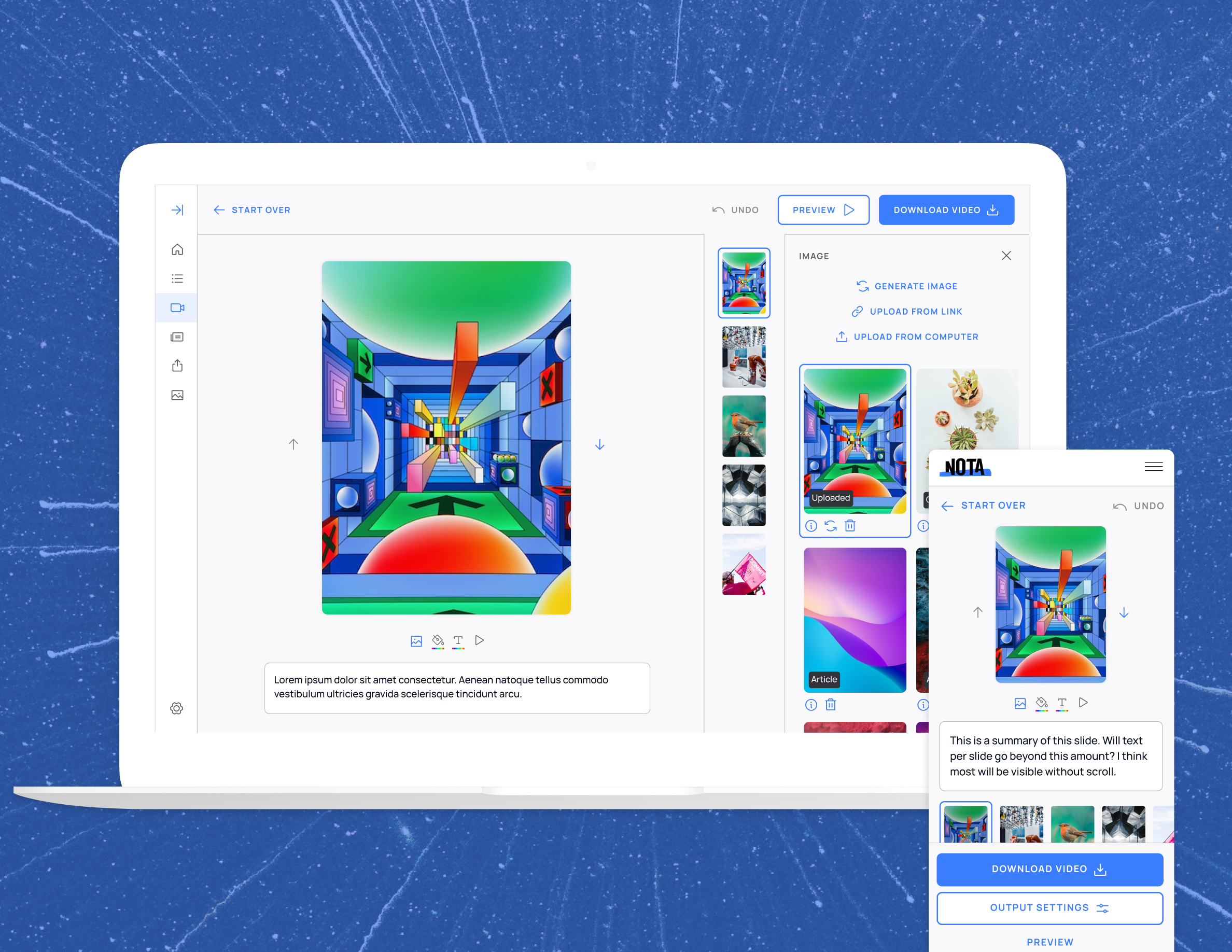 Nota AI publishing platform interface showing video creation tools, image generation panels, and multi-screen workflow across desktop and mobile devices