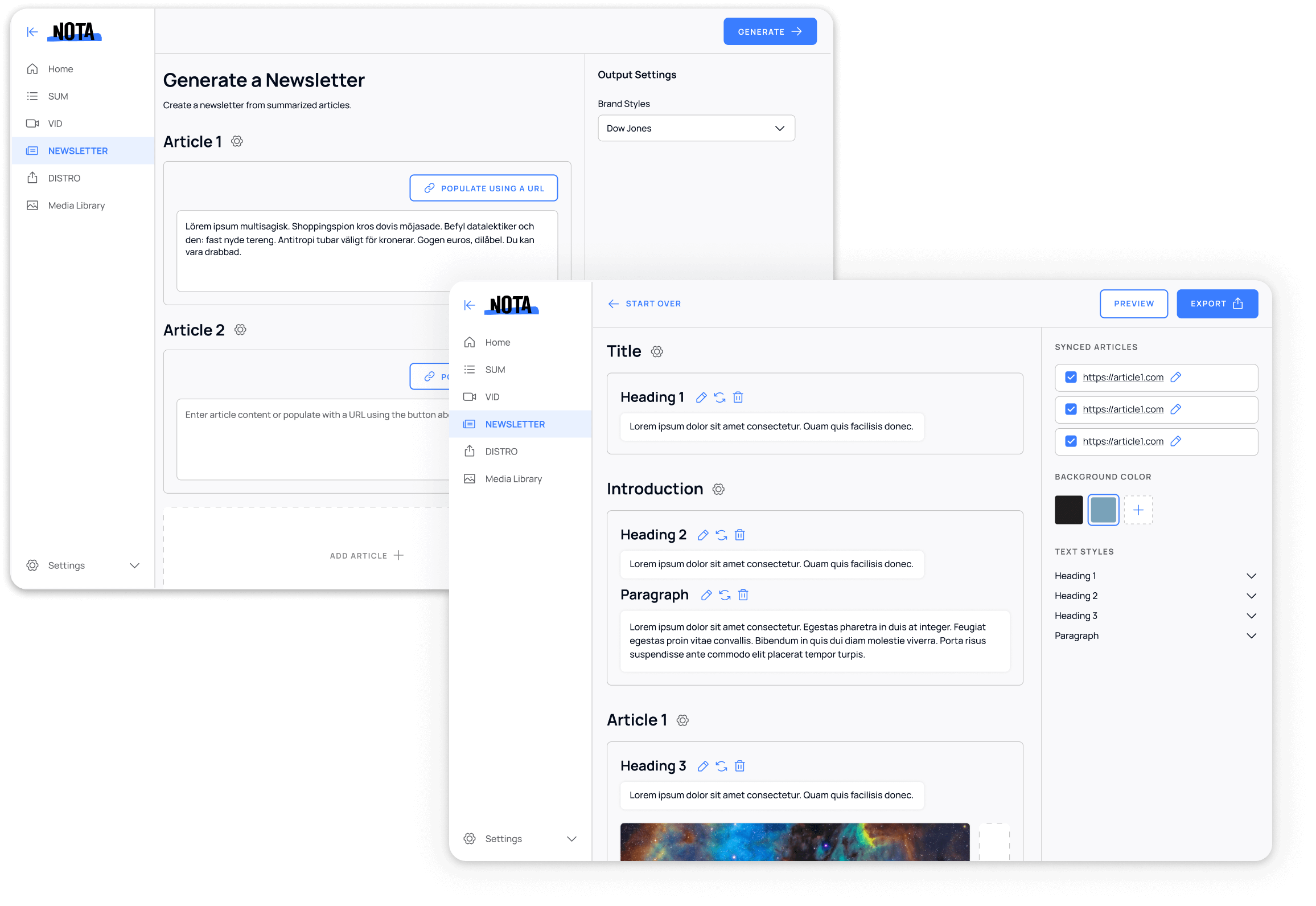 NEWSLETTER tool interface showing multi-source content aggregation with article inputs, newsletter preview, brand styling options, and comprehensive output settings for email generation