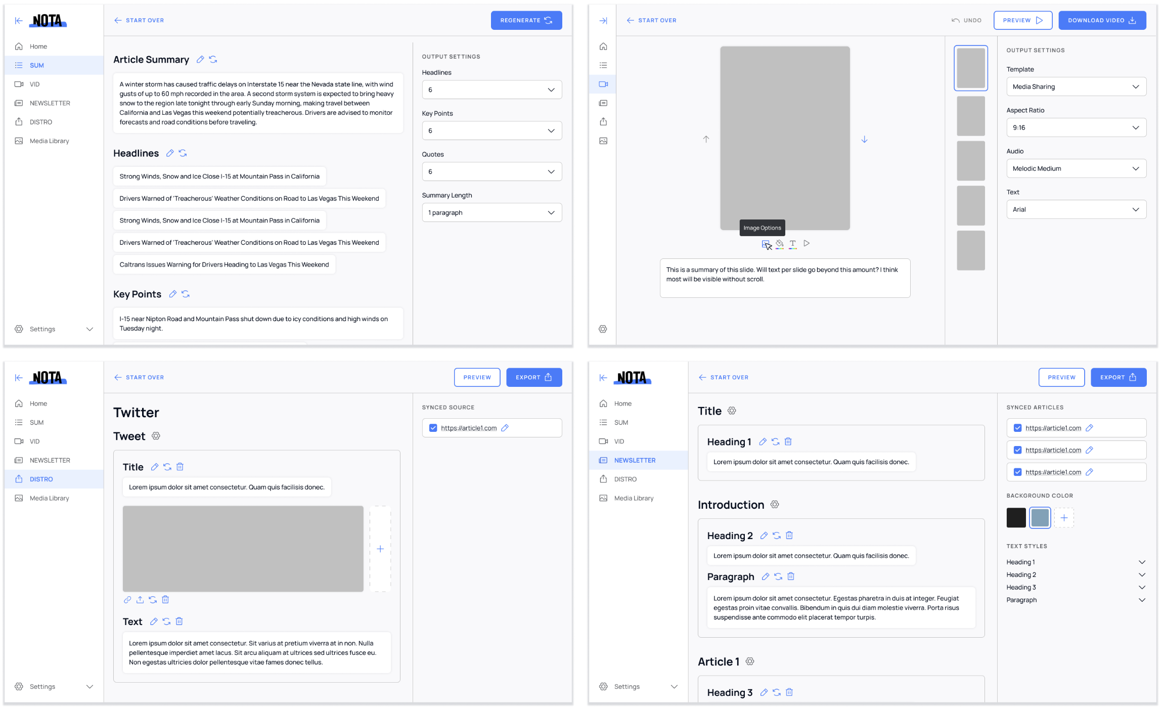Four different Nota editor interfaces showing scalable template approach across SUM editor with article summary, VID editor with video preview, social media editor, and newsletter editor