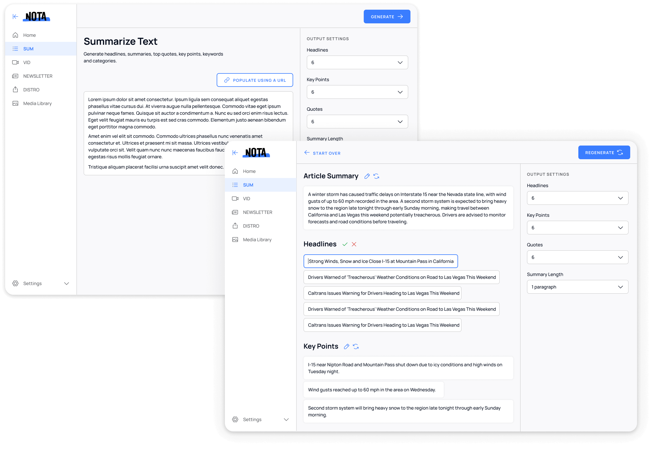 SUM tool interface showing the complete workflow from text input to AI-generated headlines, summaries, and key points displayed in an intuitive card-based layout