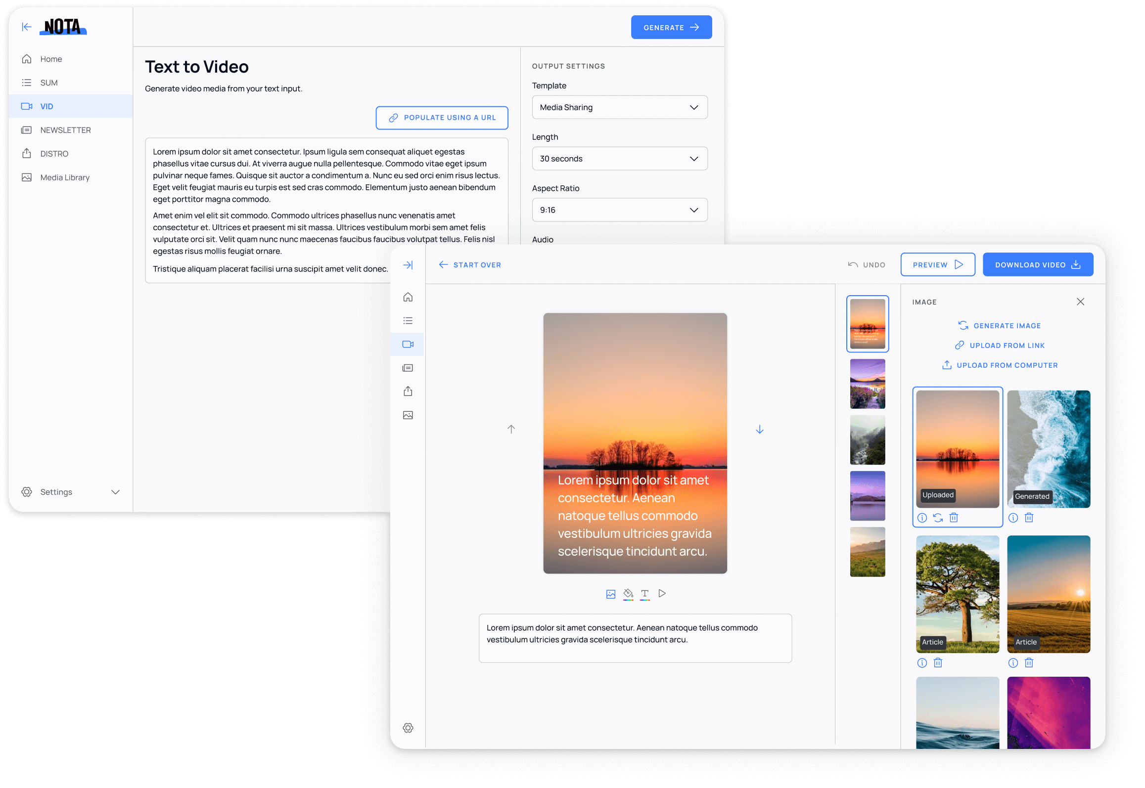 VID tool interface showing text-to-video generation with image selection panel, video preview, and customizable output settings for creating multi-purpose videos