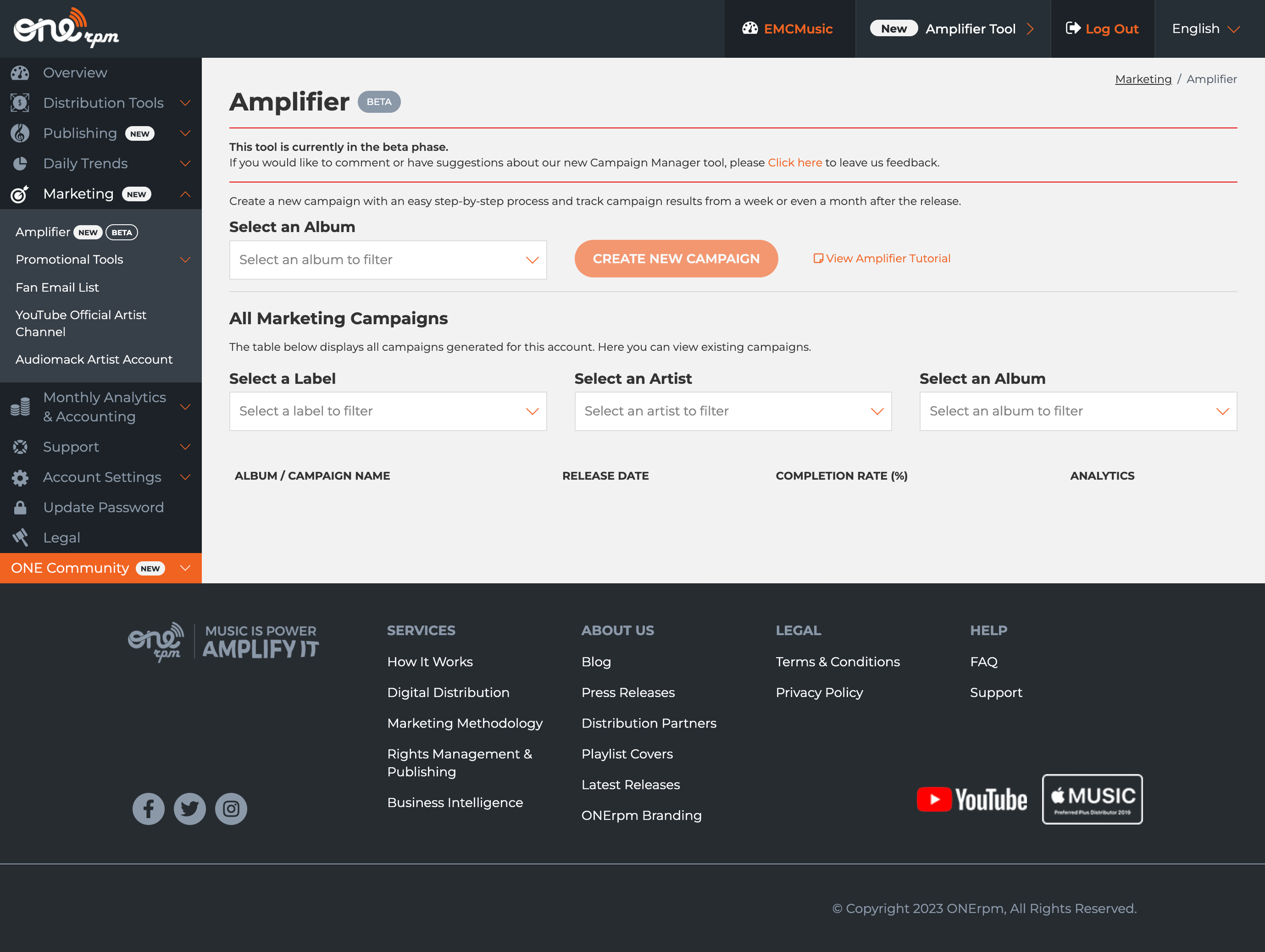 ONErpm Amplifier interface showing cluttered sidebar with numerous marketing tools including Overview, Distribution Tools, Publishing, Daily Trends, Marketing, Promotional Tools, and campaign management features - demonstrating feature overload and complex navigation