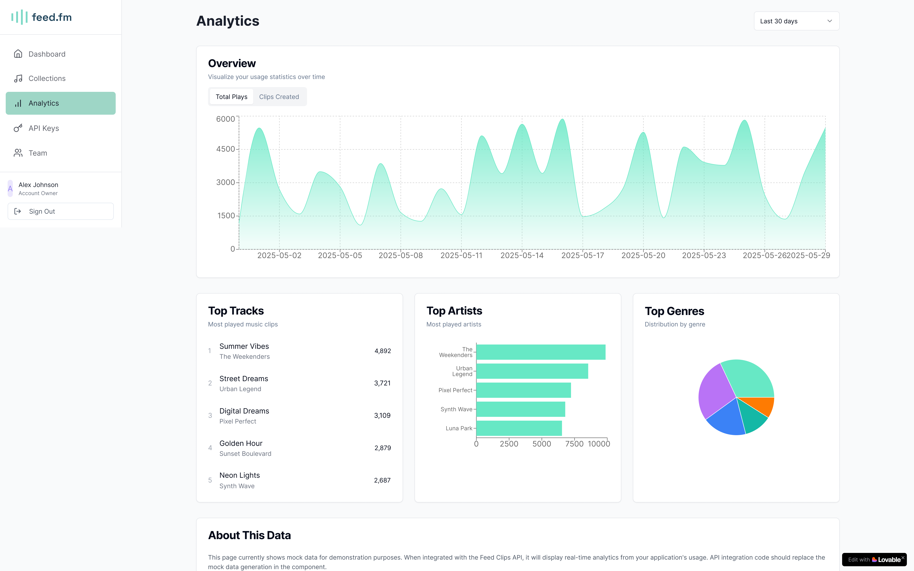 Analytics interface with usage statistics and performance metrics