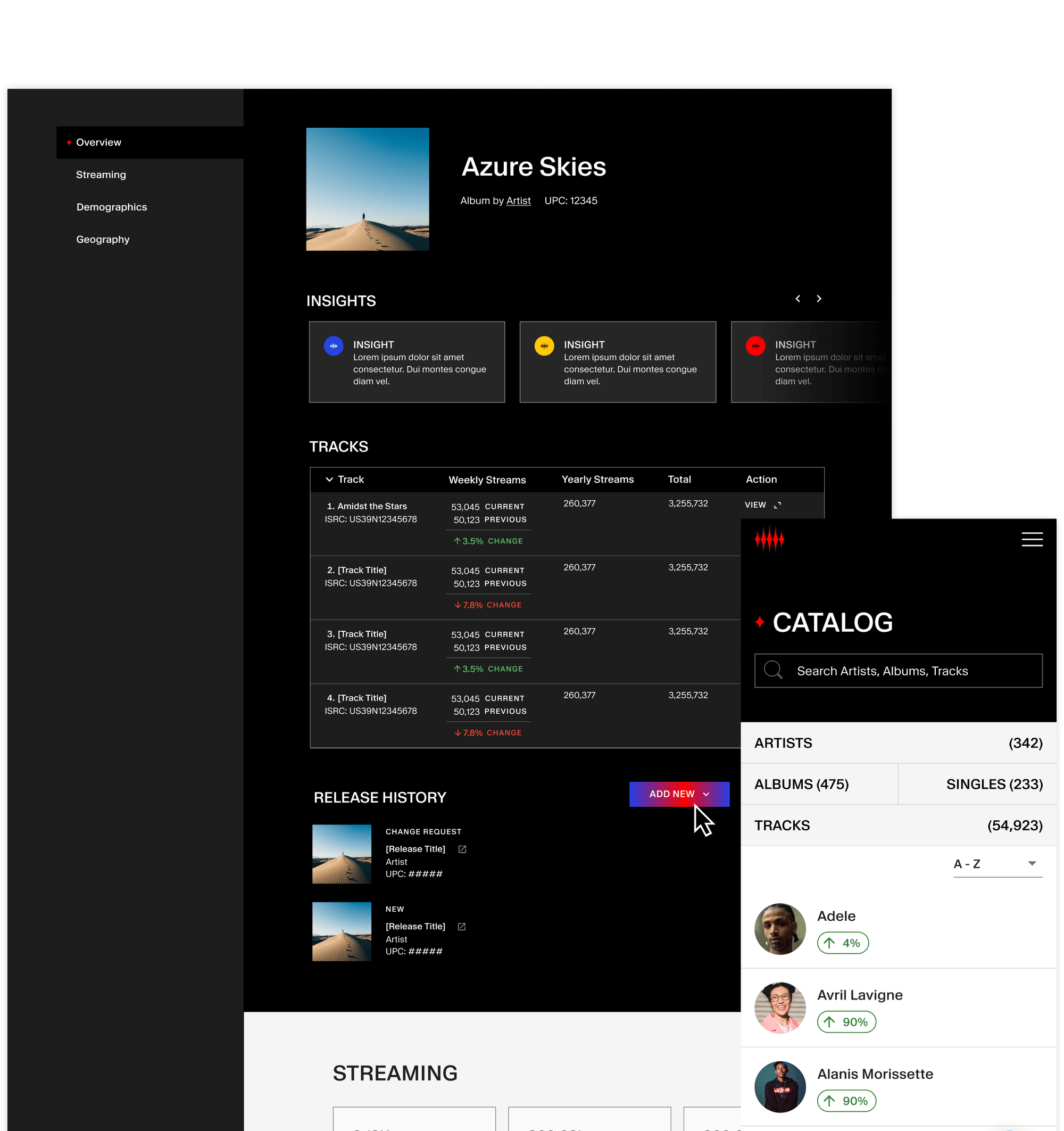 Spaceheater music release management platform interface showing comprehensive dashboard with Azure Skies album analytics, streaming insights, track performance metrics, and catalog management features