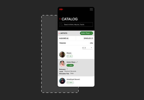 Spaceheater catalog interface showing mobile-optimized music browsing with artists, albums, and tracks in a dark-themed interface