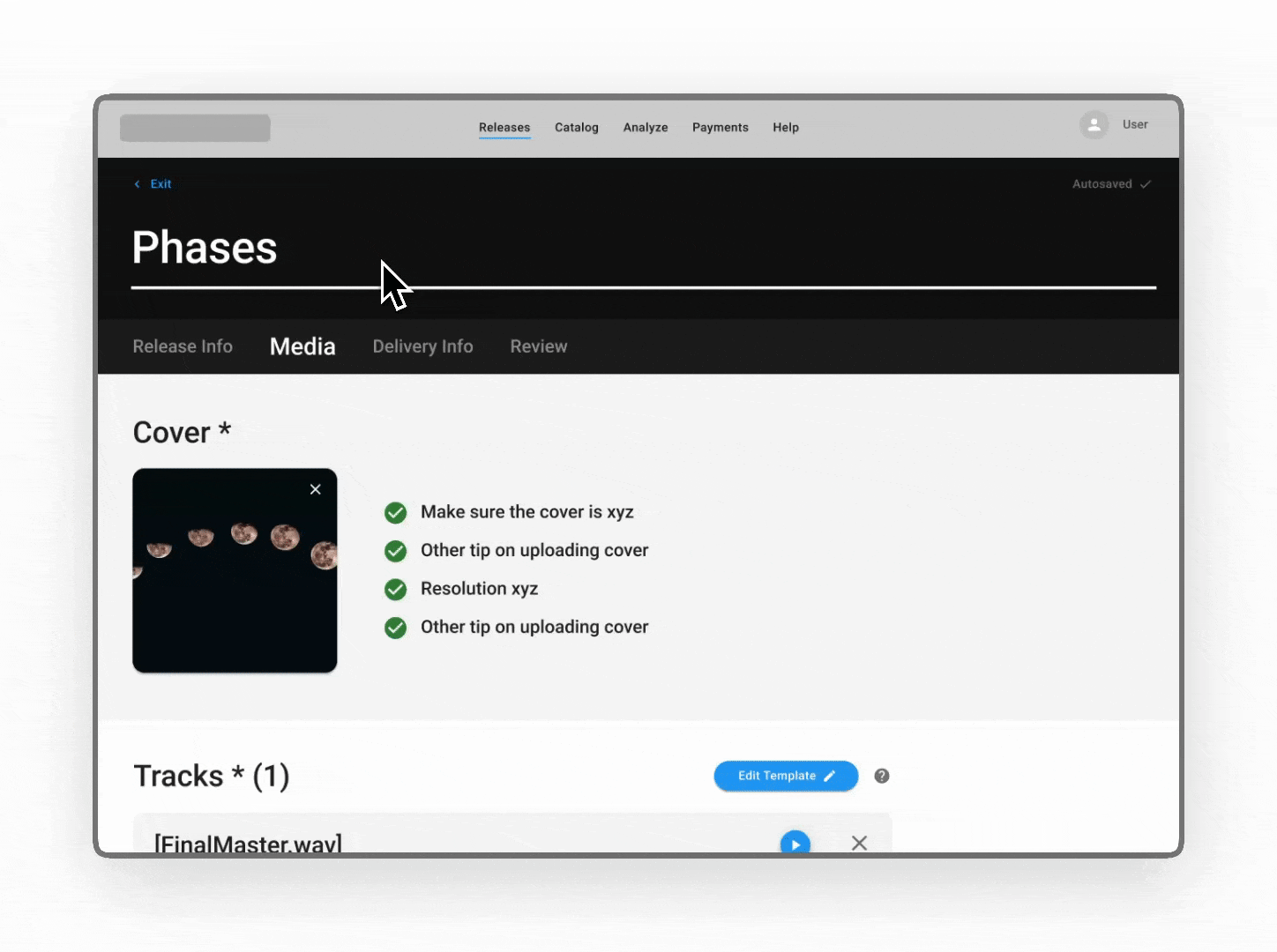 SpaceHeater's guided interface showing organized phases with Release Info, Media, Delivery Info, and Review tabs, plus helpful tips for cover upload and streamlined track management - demonstrating reduced cognitive load