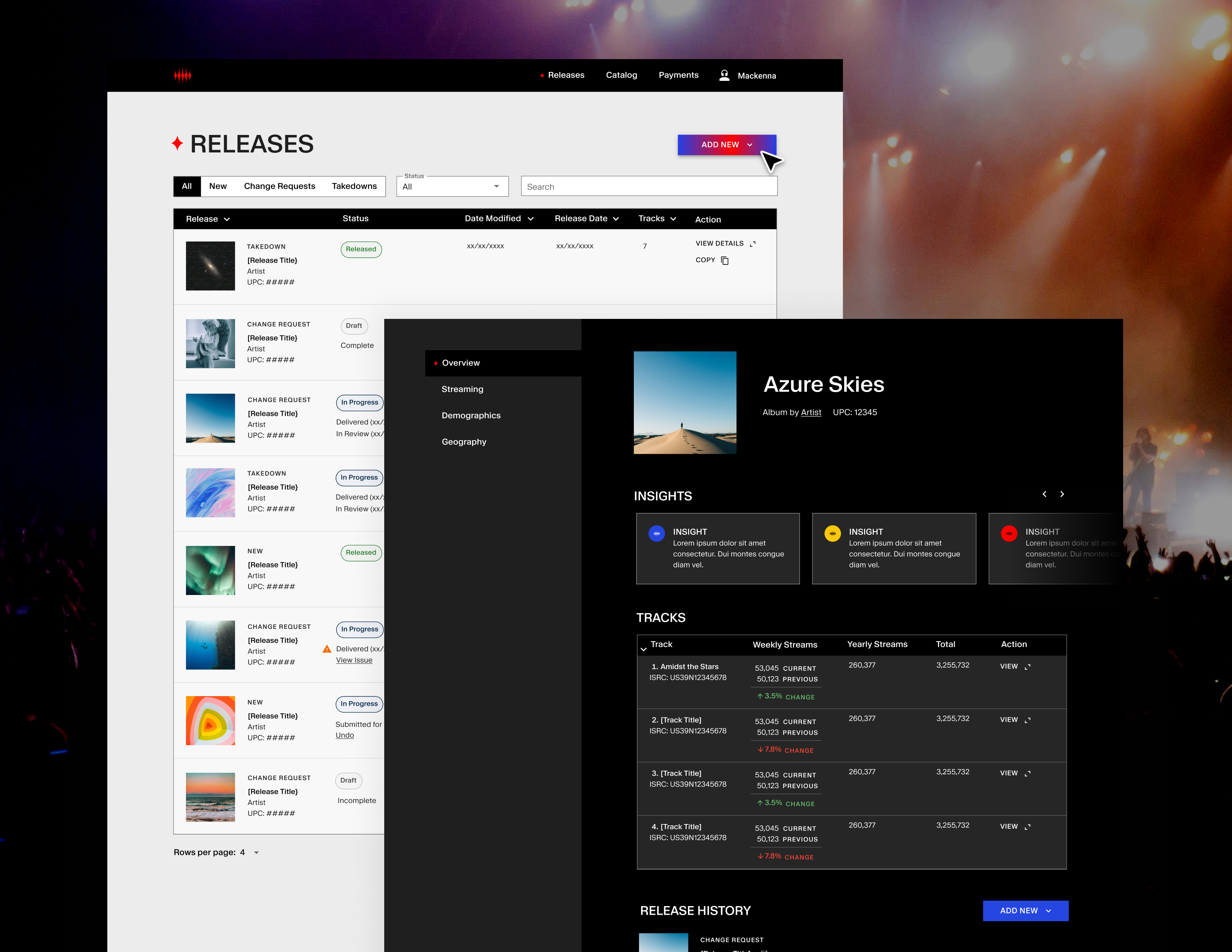 Spaceheater music release management platform interface showing releases dashboard, Azure Skies album analytics, streaming insights, track performance metrics, and comprehensive release history in a unified dark-themed interface