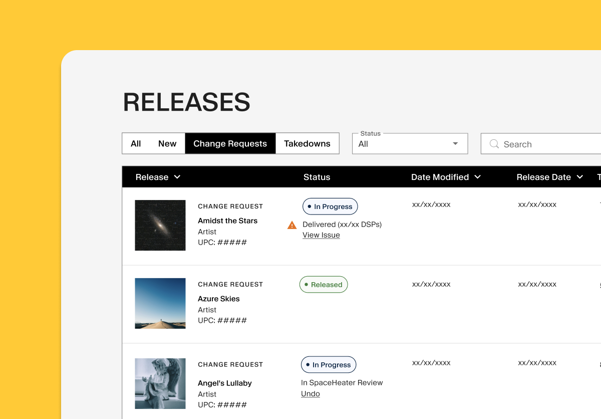 Spaceheater release management dashboard showing multiple release states and status tracking for music catalog management