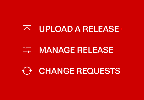 Spaceheater workflow options showing three main user paths: Upload a Release, Manage Release, and Change Requests on red background