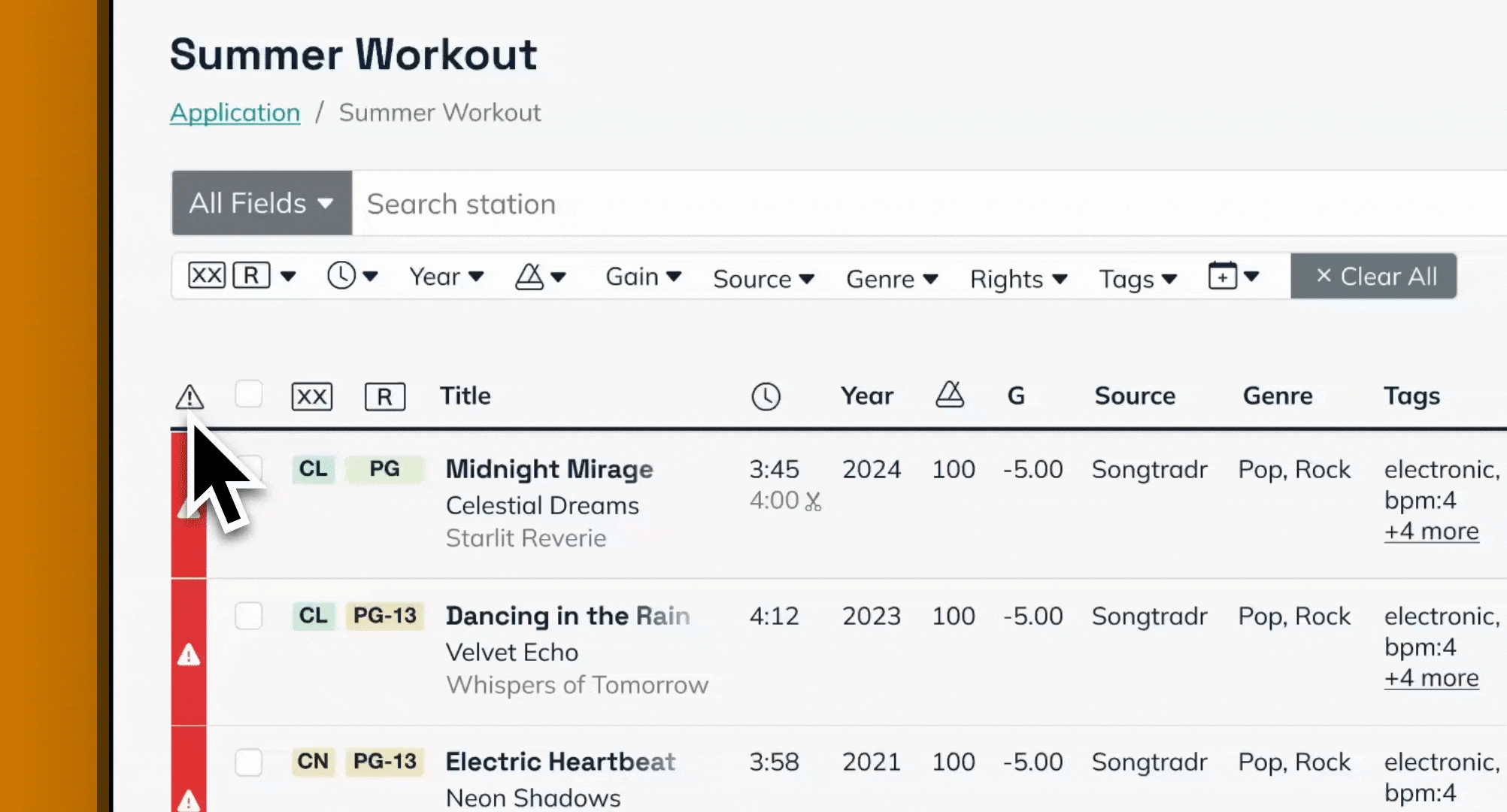 feed.fm Summer Workout station interface showing the icon-based alert column on the left side with red warning indicators, demonstrating how curators can efficiently identify and interact with problematic tracks in the comprehensive track management table