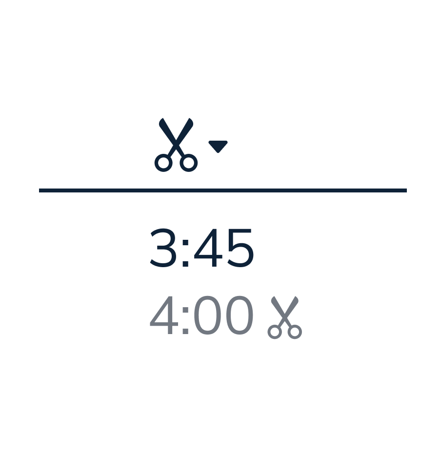 feed.fm track trimming interface showing a clean, minimalist design with scissors icon and time controls displaying 3:45 and 4:00 trim points, demonstrating the efficient track editing tools available to curators