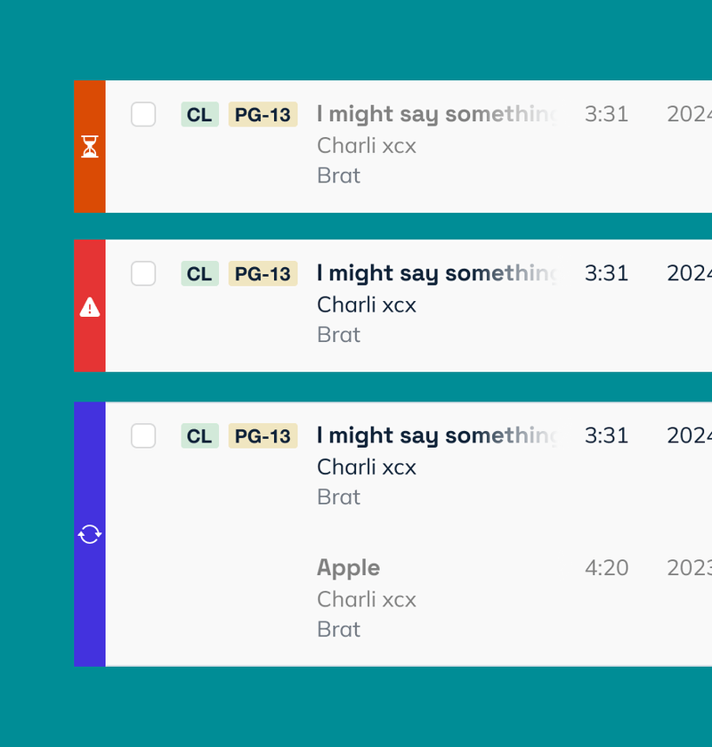 Clean demonstration of the three track alert types in feed.fm: Placeholder (orange with hourglass icon), Alert (red with warning triangle), and Autoreplace (blue with refresh icon), showing the same Charli xcx tracks in different states for clear visual comparison